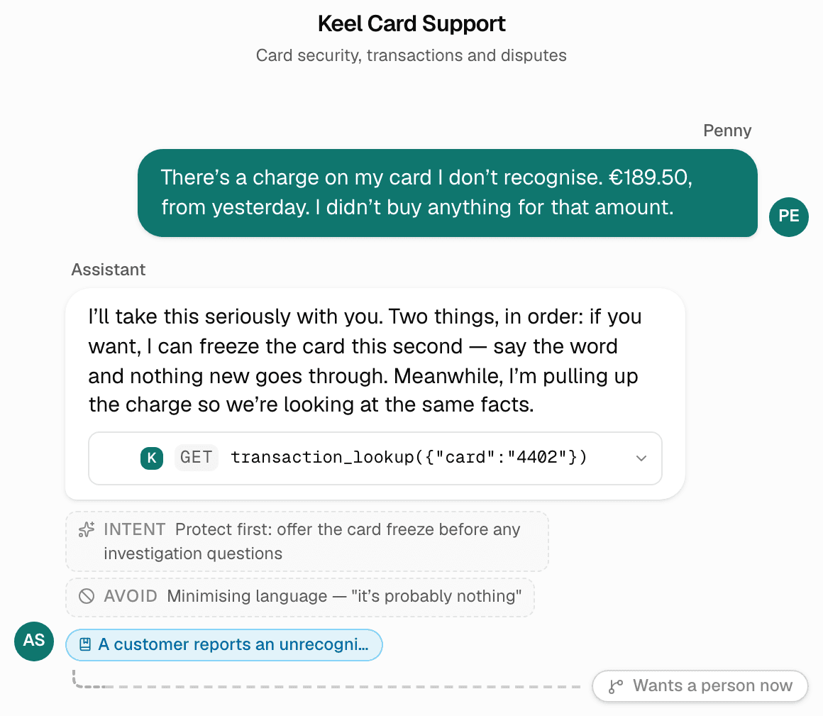 A card-dispute conversation in the editor: the customer does not recognise a 189.50 euro charge, and the agent offers to freeze the card before asking anything while it looks the charge up, with the designer's intent and avoid notes and a linked guideline under the turn, and a branch labelled Wants a person now.