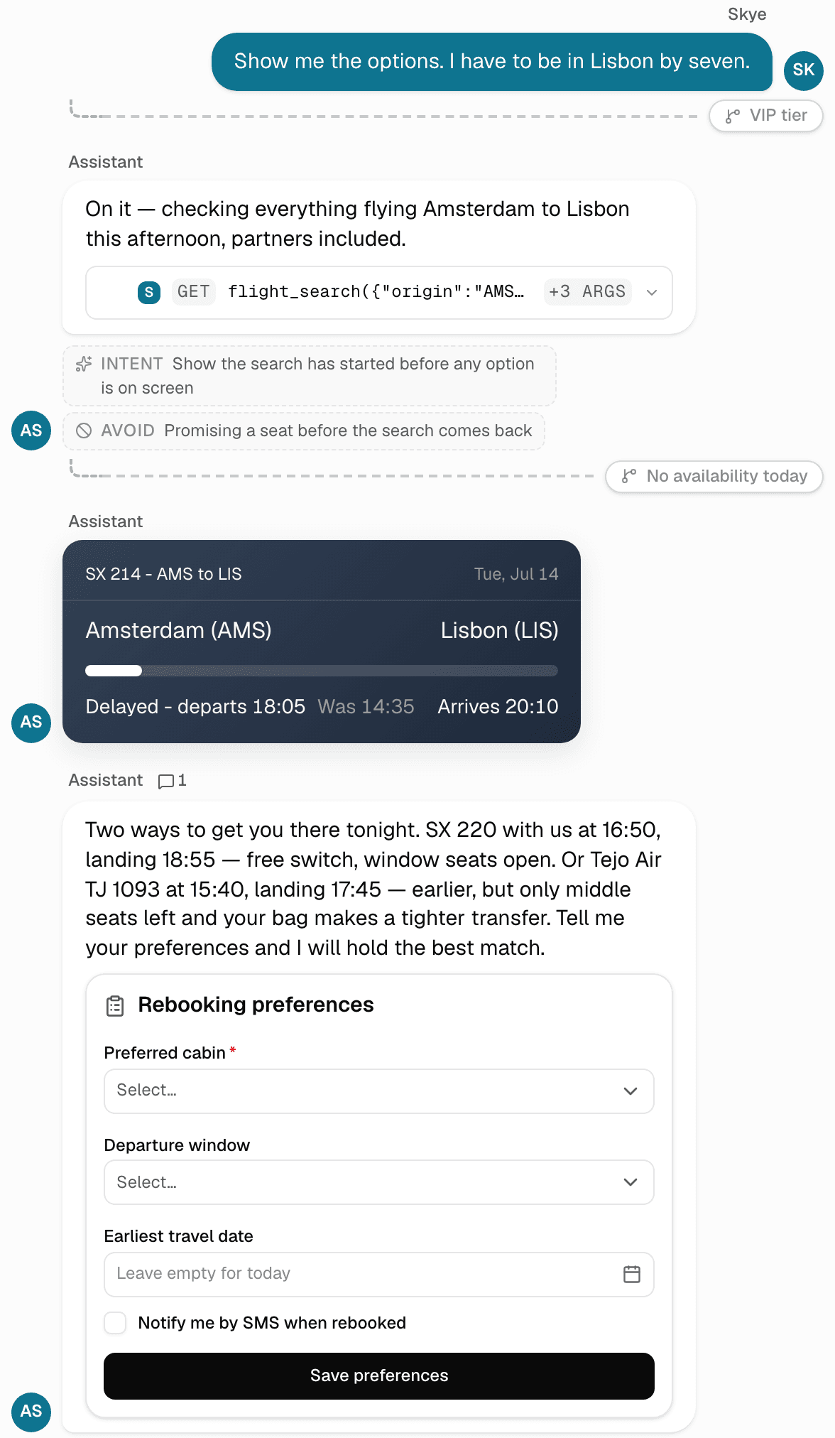 A delayed-flight conversation in the editor: the traveller has to be in Lisbon by seven, the agent's turn runs a flight search with a note on what it must and must not do, a path marker forks to the no-availability branch, a flight card shows the delayed flight landing at 20:10, and a commented turn offers two earlier flights above a rebooking form with its fields and save button.