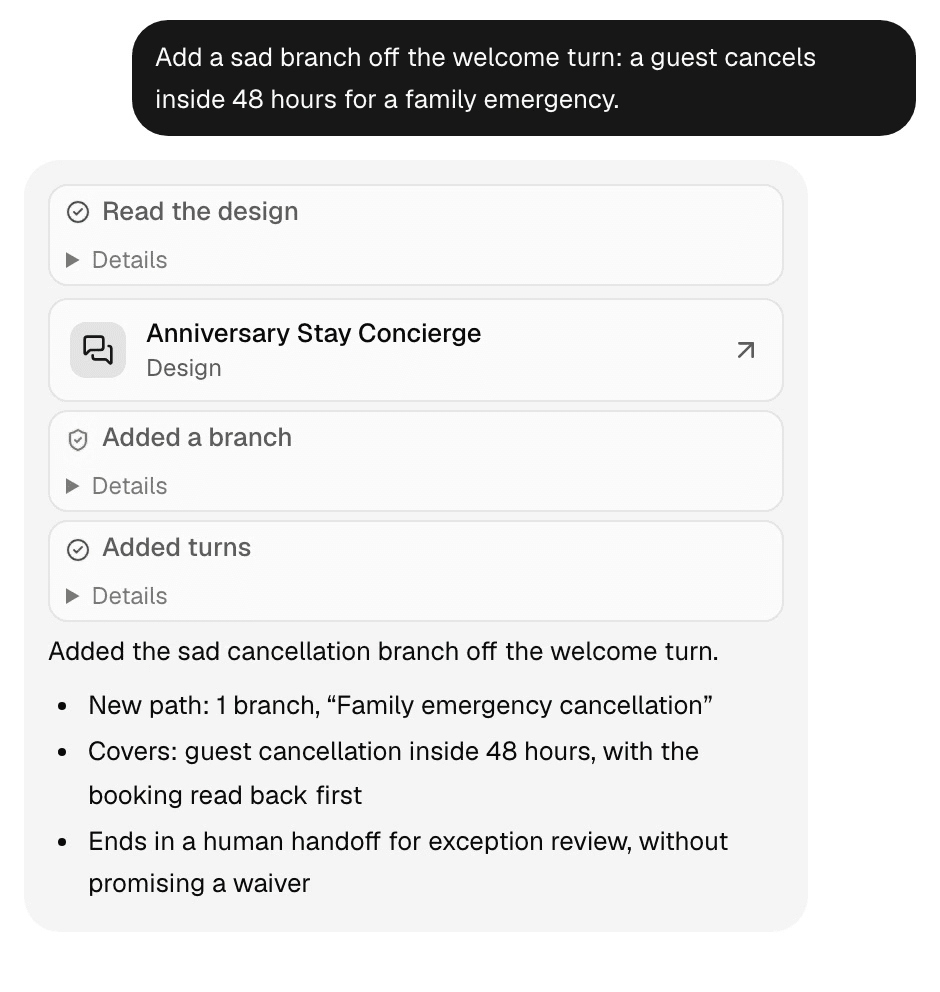 The Ask Klate dock: a request to add a sad branch off a hotel design's welcome turn, for a guest cancelling inside 48 hours because of a family emergency. Below it Klate has read the design, added the branch and its turns, and summarises the new 'Family emergency cancellation' path: the booking is read back first, and it ends in a human handoff without promising a waiver.