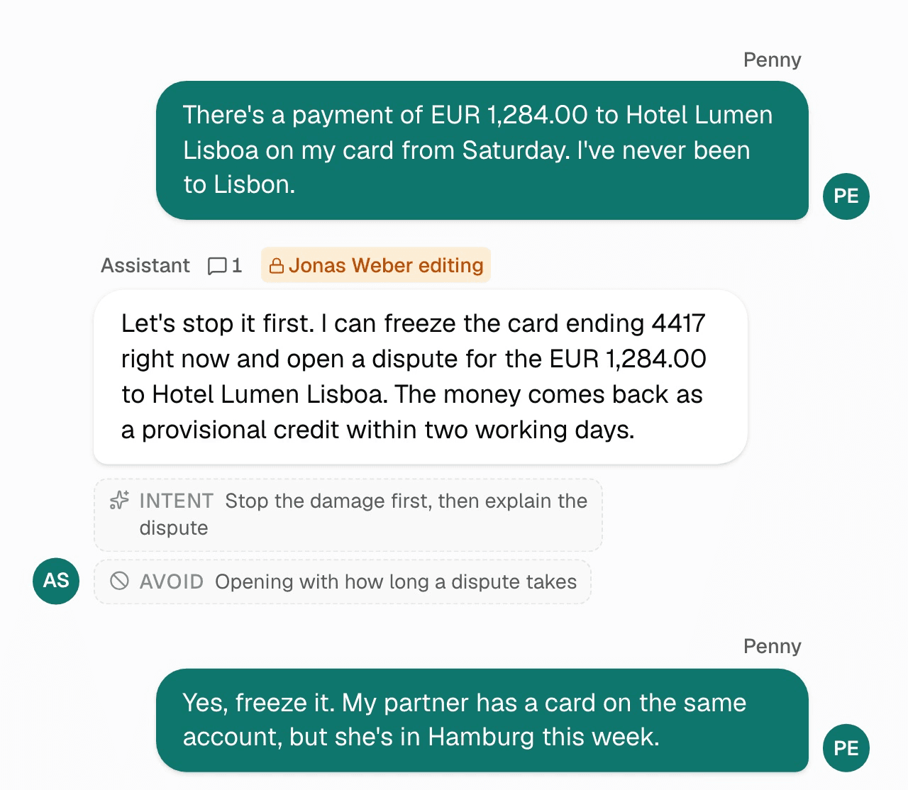 A bank's card-support design in the editor: a customer reports an unrecognised EUR 1,284.00 hotel payment, and the agent turn under it carries a comment count and a 'Jonas Weber editing' lock tag. His rewrite opens by freezing the card, as the turn's note asks (stop the damage first), above the customer's reply.