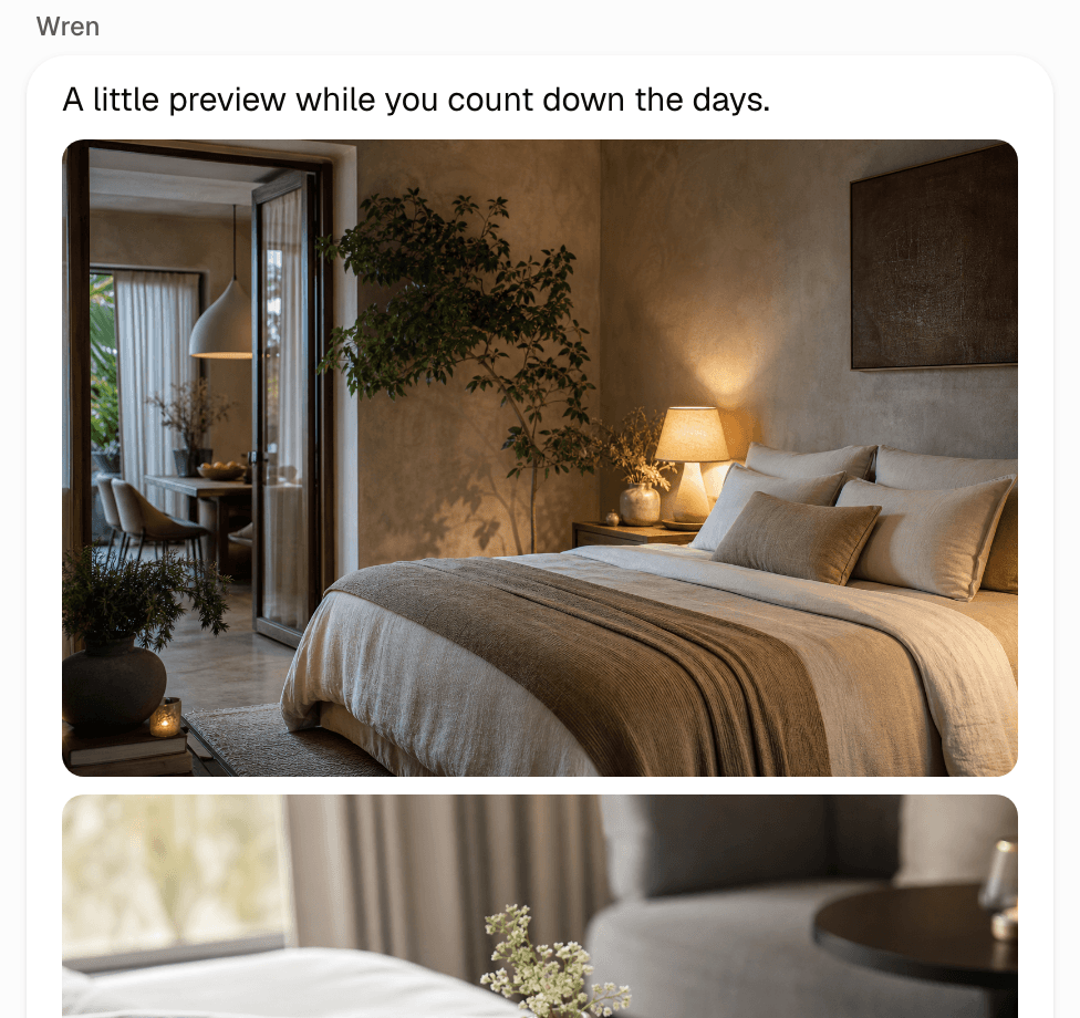 A hotel concierge turn that answers with a photo of the guest's suite: “A little preview while you count down the days.”