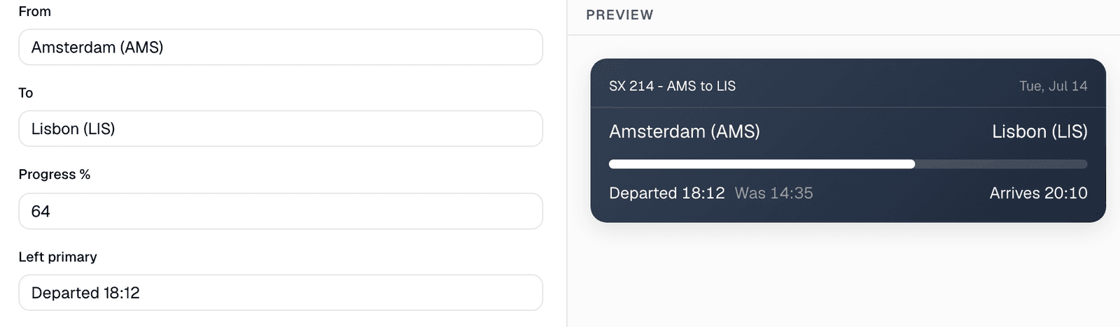 The widget editor: a flight-status card's fields on the left and its preview in the customer's brand on the right. Progress goes from 12 to 64 and the status from “Delayed - departs 18:05” to “Departed 18:12”, and the card follows as they are typed.